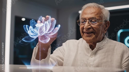 Elderly man holds glowing digital lotus flower in modern setting