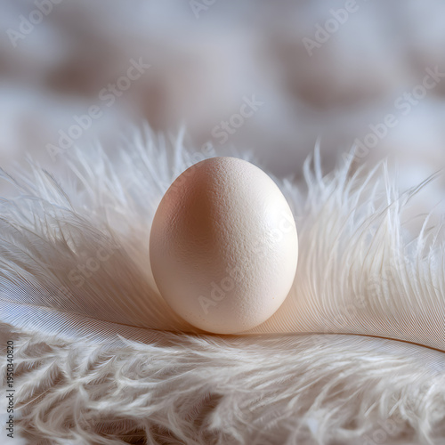 Close-up of a single egg resting on a bed of real white ostrich feathers with a soft focus background. - Image #1 @Ai content creator