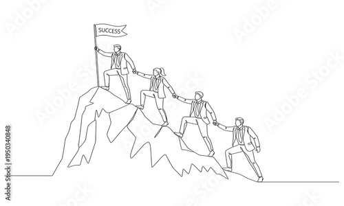One continuous line drawing of male and female team member stick together follow their leader who holds flag. Teamwork concept single line draw design vector illustration