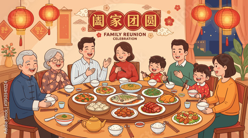 Happy Family Reunion Dinner with Traditional Food – Flat Illustration