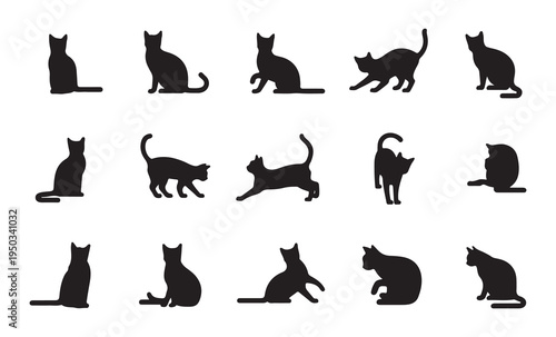Minimalist cat silhouette grid showcasing fifteen unique feline poses and actions for modern professional designs