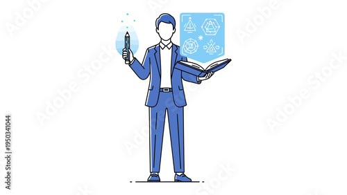 Creative Mind at Work: An artistic individual in a business attire holds a magical pen and a knowledge book, surrounded by futuristic graphics, illustrating the synergy of creativity and innovation.