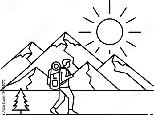Minimalist line art depicts a lone hiker with a large backpack trekking through sunny mountain terrain outdoors.