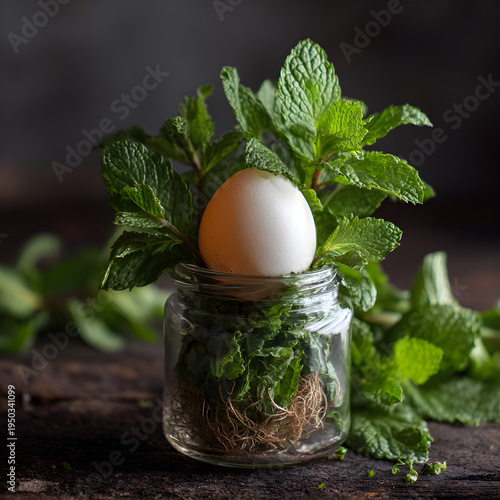 Close-up of a single egg resting on a bed of fresh mint leaves in a rustic glass jar. - Image #1 @Ai content creator