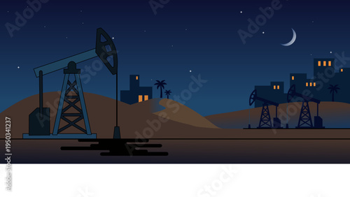 Industrial night scene with oil pump jacks in a desert landscape under a crescent moon. Vector illustration for energy and industry themes.