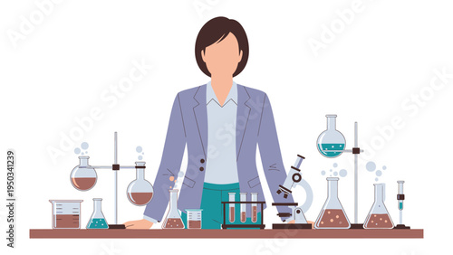Pioneer in Science: A focused scientist stands amid a laboratory of scientific instruments and chemicals, her gaze reflecting dedication and discovery.