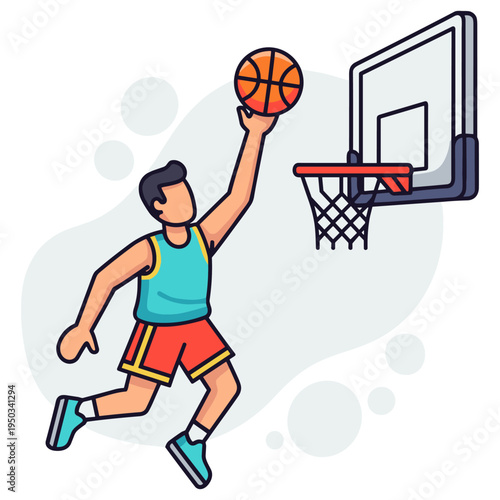 Basketball player dunking toward hoop in court illustration. non editable strokes