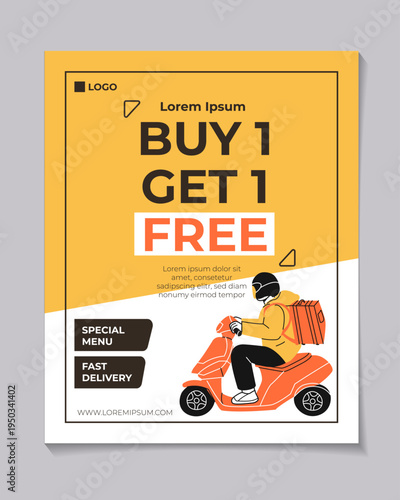 Fast delivery service promotional poster with courier character and special discount offer. Marketing template for logistics companies, courier services, online stores and delivery platforms.