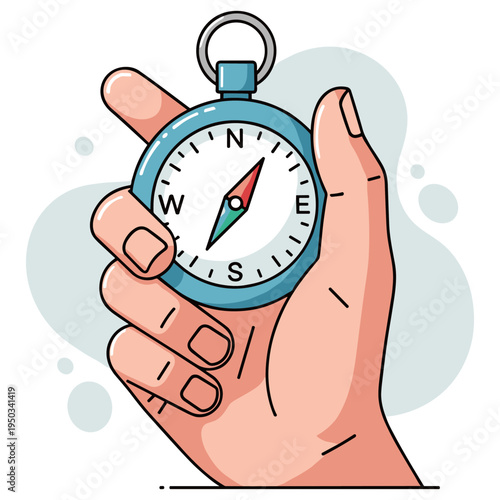 Hand holding compass showing direction on neutral background. non editable strokes