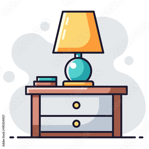 Bedside table with lamp and books on drawer in interior scene. non editable strokes