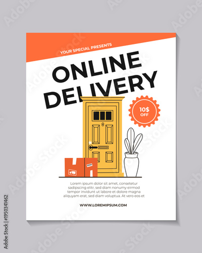 Delivery mobile application promotion poster with door illustration and discount offer. Marketing template for logistics startups, courier services and online ordering platforms.