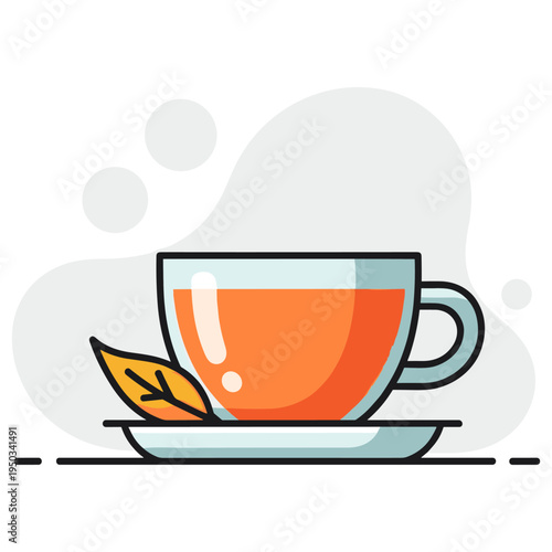 Tea cup resting on saucer with leaf garnish on white background. non editable strokes