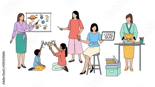 School Learning and Growth: A diverse group of educators engages with young learners in a classroom setting, focusing on their growth and educational journey.