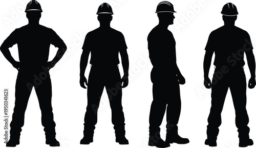 construction worker silhouette set, engineer builder wearing safety helmet, standing male worker poses, industrial labor character isolated vector