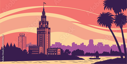 Oakland sunset skyline vector featuring Tribune Tower and Lake Merritt skyline. West Coast sunset gradient in pink, orange, and purple tones behind a clean skyline silhouette