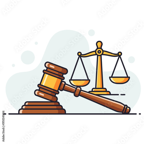 Judge gavel striking beside balance scales on neutral background. non editable strokes