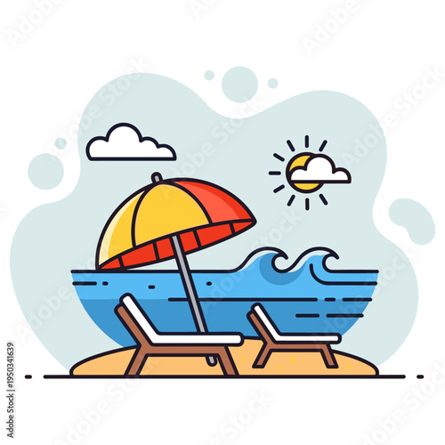 Beach umbrella and lounge chairs set beside ocean shore. non editable strokes