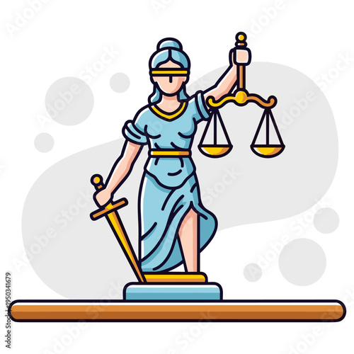 Blindfolded lady justice holding scales and sword on pedestal. non editable strokes