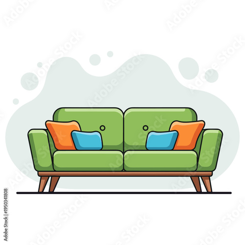 Green sofa with colorful cushions in living room. non editable strokes