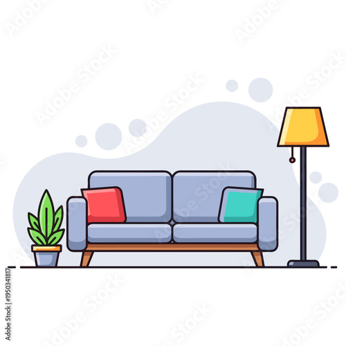 Modern sofa with cushions and lamp in living room interior. non editable strokes