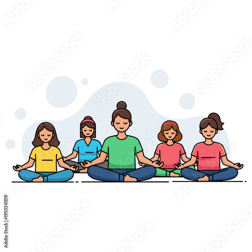 Group meditating together in cross legged yoga session. non editable strokes