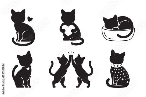 Collection of cute black cat silhouettes showing different actions and expressing love and friendship vector illustration