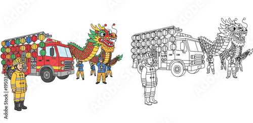 Firefighter at Lunar New Year Parade with Dragon Dance and Lantern-Decorated Fire Truck