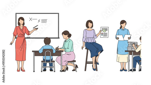 Education in Action: Depicting a classroom, where teachers engage students, teaching and guiding them towards knowledge through various methods in education. 