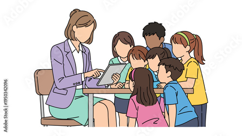 Learning Adventure: A teacher guides a group of attentive children, sharing a digital tablet and fostering a collaborative and engaging educational environment.