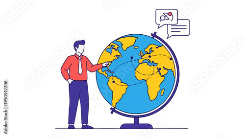Global Collaboration & Communication: A person pointing at the globe, symbolizing worldwide networking, sharing ideas, and discussions across various places.