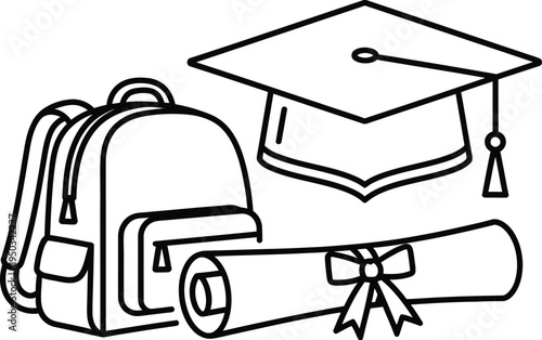 A comprehensive illustration depicting a school backpack, a graduation cap, and a rolled diploma, perfectly symbolizing the educational journey from learning to achievement.