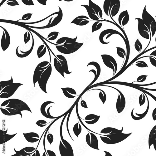 Monochrome floral branch pattern featuring black leaves and swirling vine elements for sophisticated decorative design vector