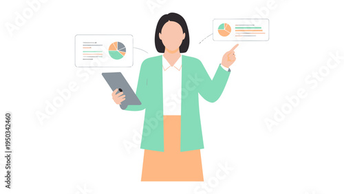 Data analysis and Presentation: A woman, standing in a studio, actively engaging with a tablet and presenting a series of informative charts and graphs.
