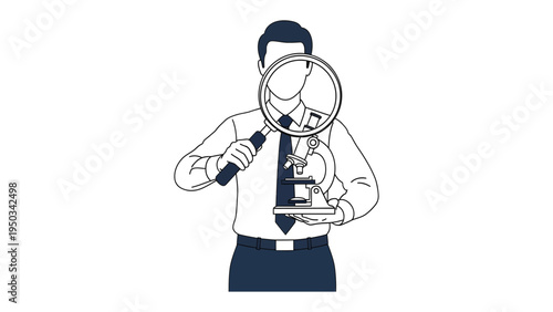 Scientist Microscope Investigation: A meticulous scientist intently examines specimens through a magnifying glass, focusing on a microscope for in-depth analysis.