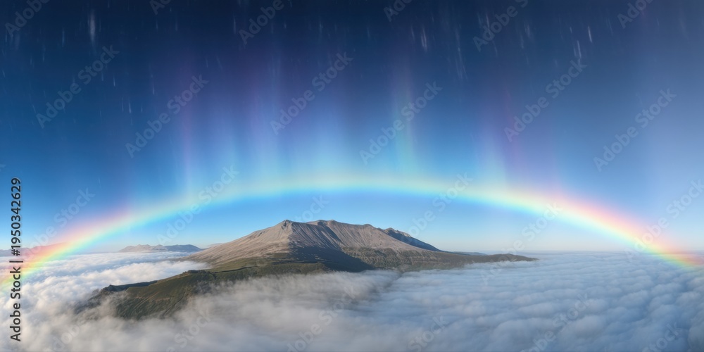 Fototapeta premium Mountain peak rises above clouds. Vivid rainbow arcs across sky, illuminated streaks visible. Dramatic landscape, beautiful colors.