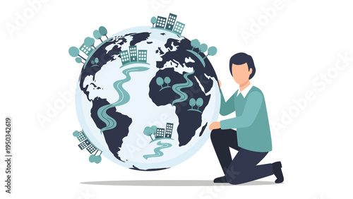 Global Visionary: A visionary individual kneels before a stylized globe, highlighting infrastructure pathways, and eco-friendly structures, representing global connections and sustainable development.