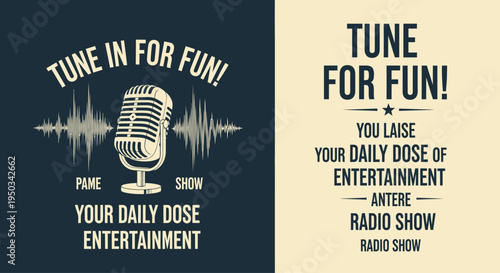 Retro Microphone with Sound Waves and Radio Show Text - Vintage Broadcast Concept