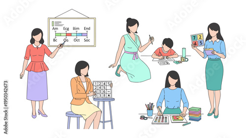 Educator's Diverse Roles: A collection of educators engaging in various activities, each exemplifying dedication, demonstrating diverse responsibilities and expertise.