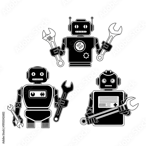 Robots holding wrenches, mechanical repair, industrial service, futuristic technology, teamwork