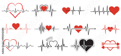 ecg heartbeat line with love hearts flat design vector illustration