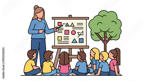 Education: A teacher engages a group of young learners in an interactive and fun lesson, with colorful shapes. 