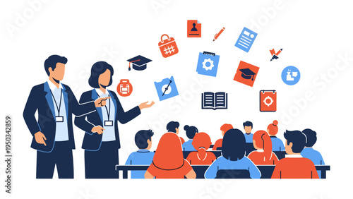 Education: a scene of educators and pupils. An illustrated scene captures the essence of teaching, with students in classroom with teacher.