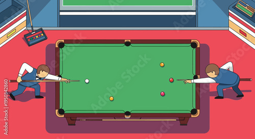 Two men playing billiards game on green table, indoor leisure activity, top view