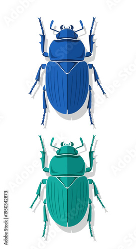 Two Scarab Beetles, Blue and Teal, Top View, Flat Design, Isolated on White