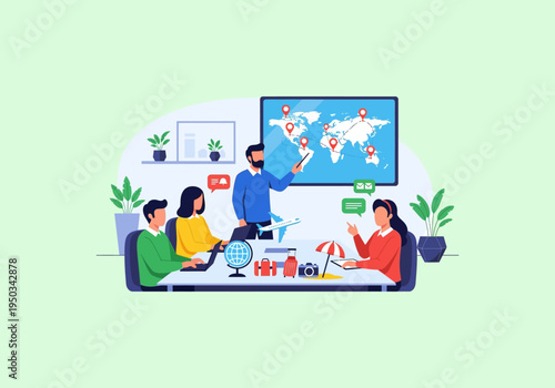 Design Ilustration Concept Team meeting discussing global travel destinations and planning strategy.