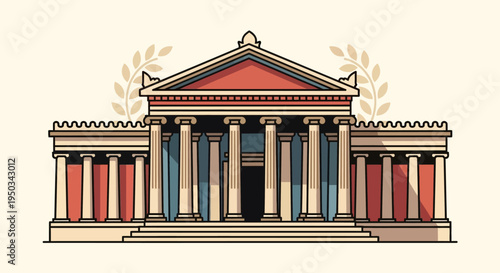 Classical Greek Temple Facade with Columns and Pediment, Ancient Architecture Illustration