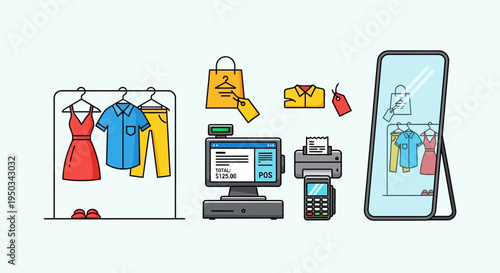 Clothing store retail elements: rack, POS, mirror, shopping bag, price tags