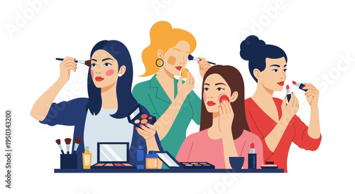 Diverse Women Applying Makeup Together, Beauty Routine, Cosmetics, Friendship, Self-Care