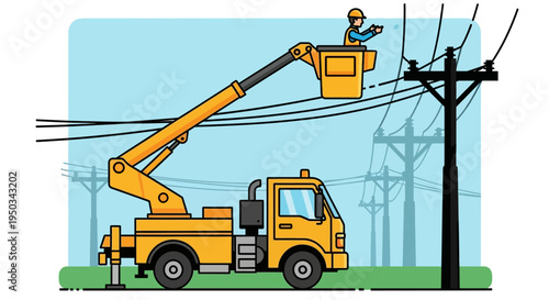 Electrician in bucket truck repairing power lines on utility pole