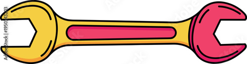A colorful cartoon wrench with yellow and pink handles on transparent background